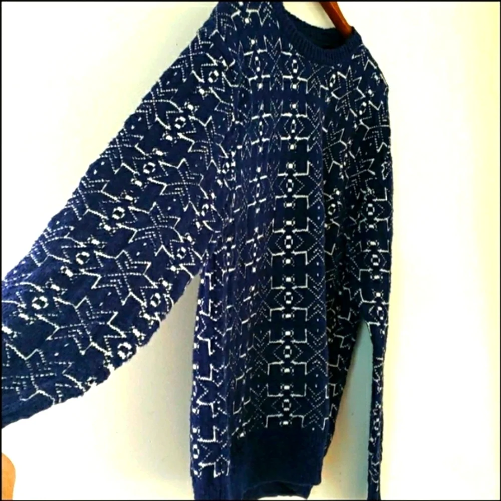 French Connection Mens Crewneck Cotton Sweater Blue with White Snowflakes